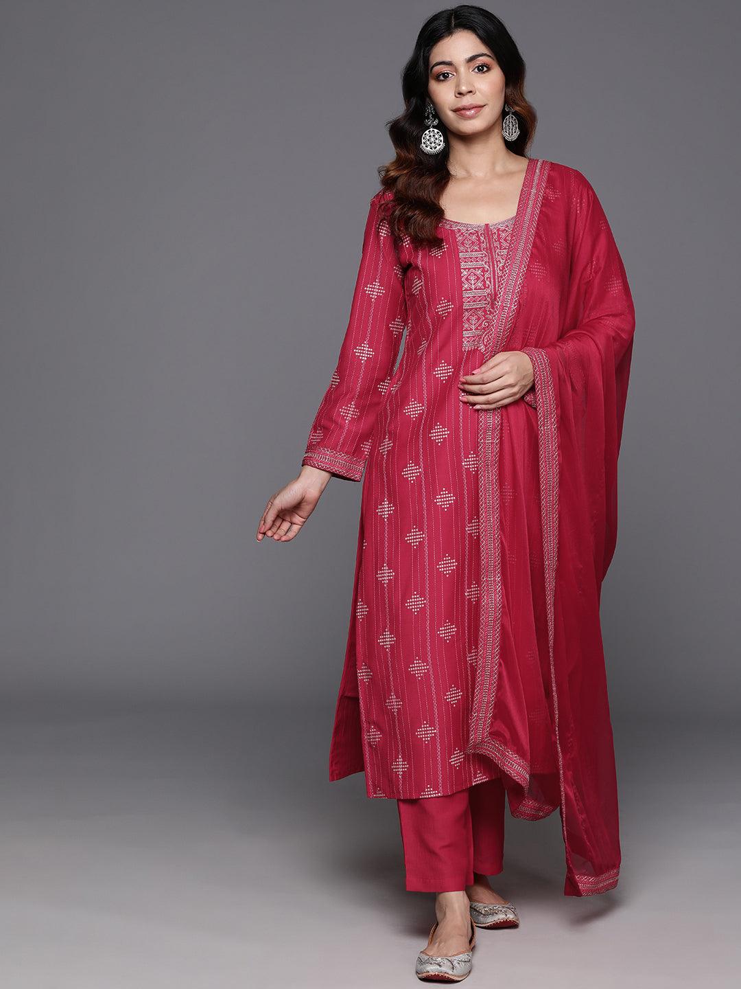 Pink Printed Silk Blend Straight Kurta With Trousers & Dupatta - ShopLibas 