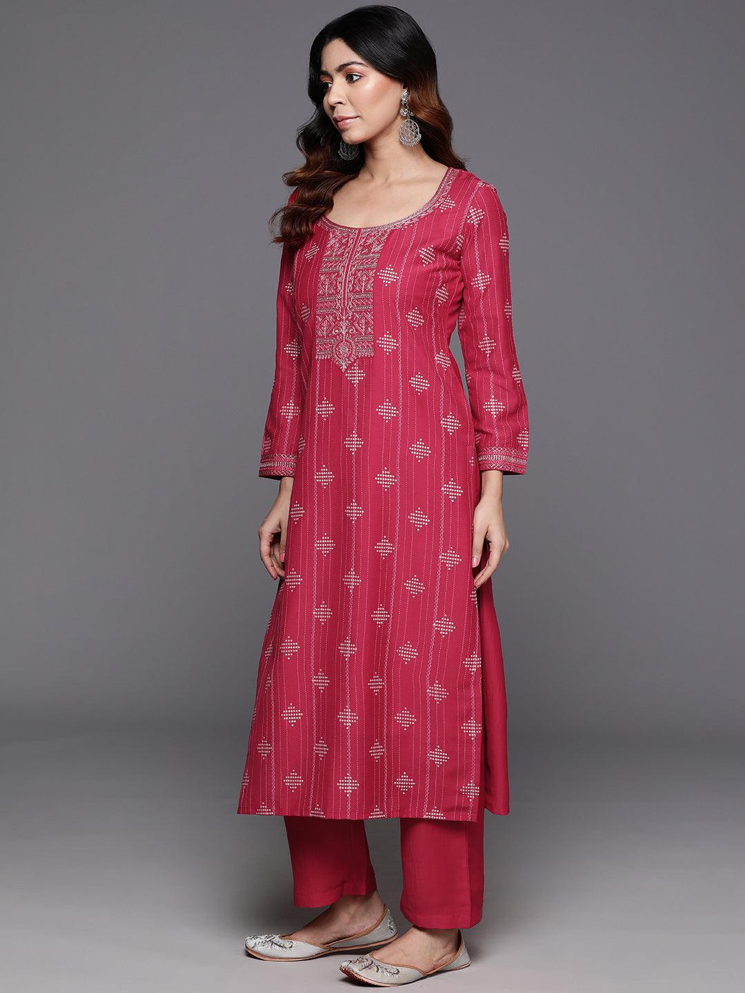 Pink Printed Silk Blend Straight Kurta With Trousers & Dupatta - ShopLibas 