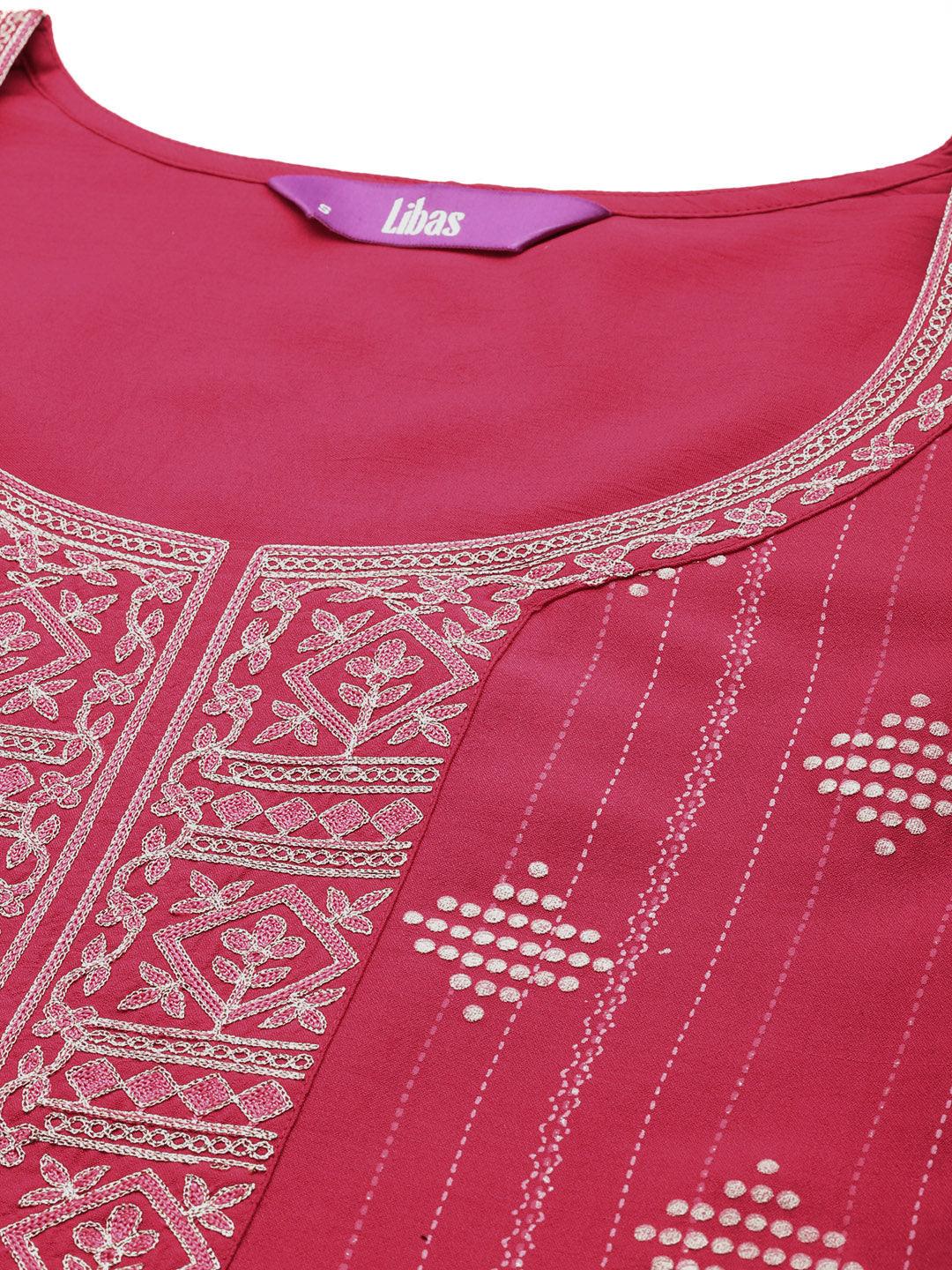 Pink Printed Silk Blend Straight Kurta With Trousers & Dupatta - ShopLibas 