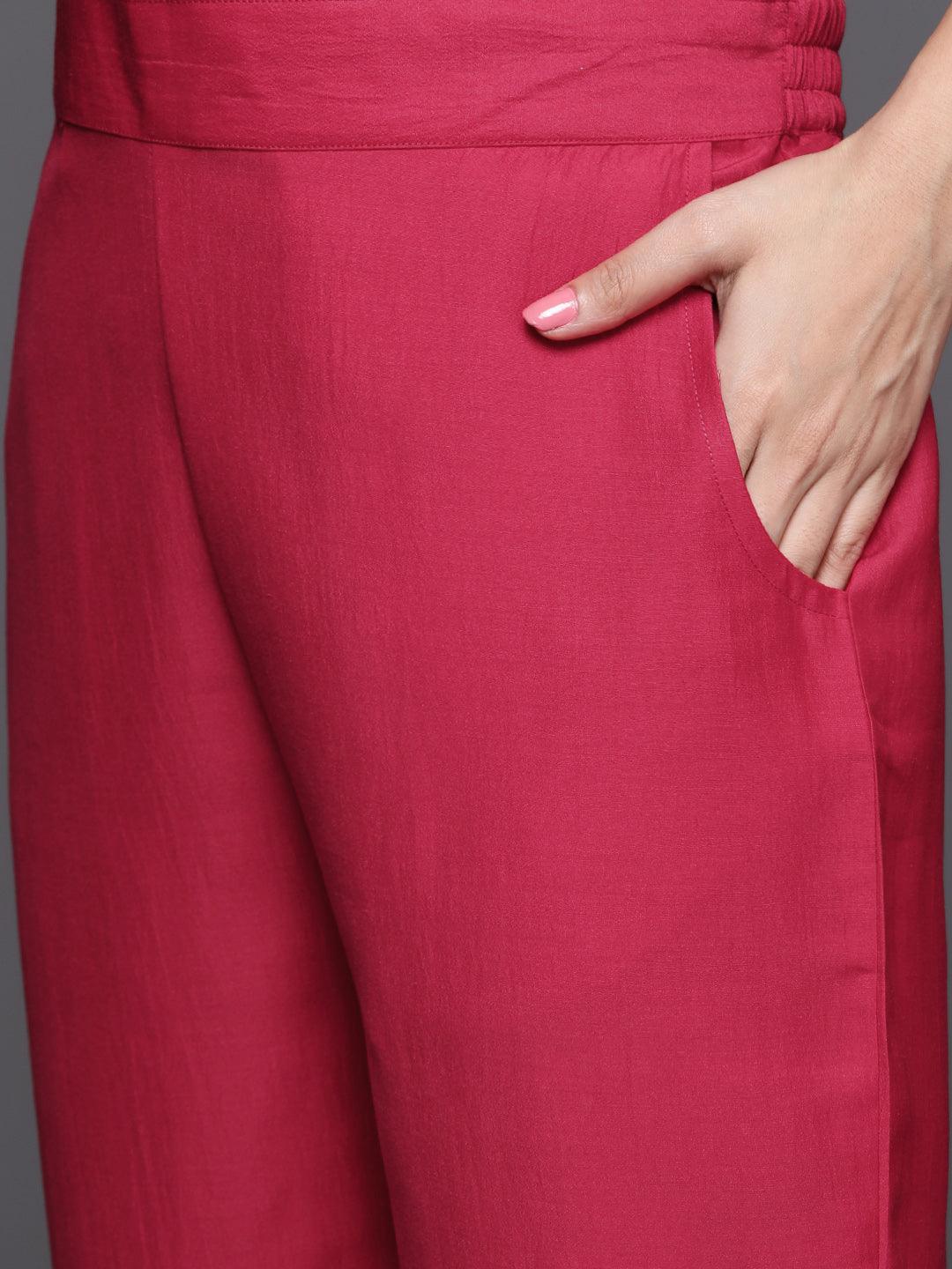 Pink Printed Silk Blend Straight Kurta With Trousers & Dupatta - ShopLibas 