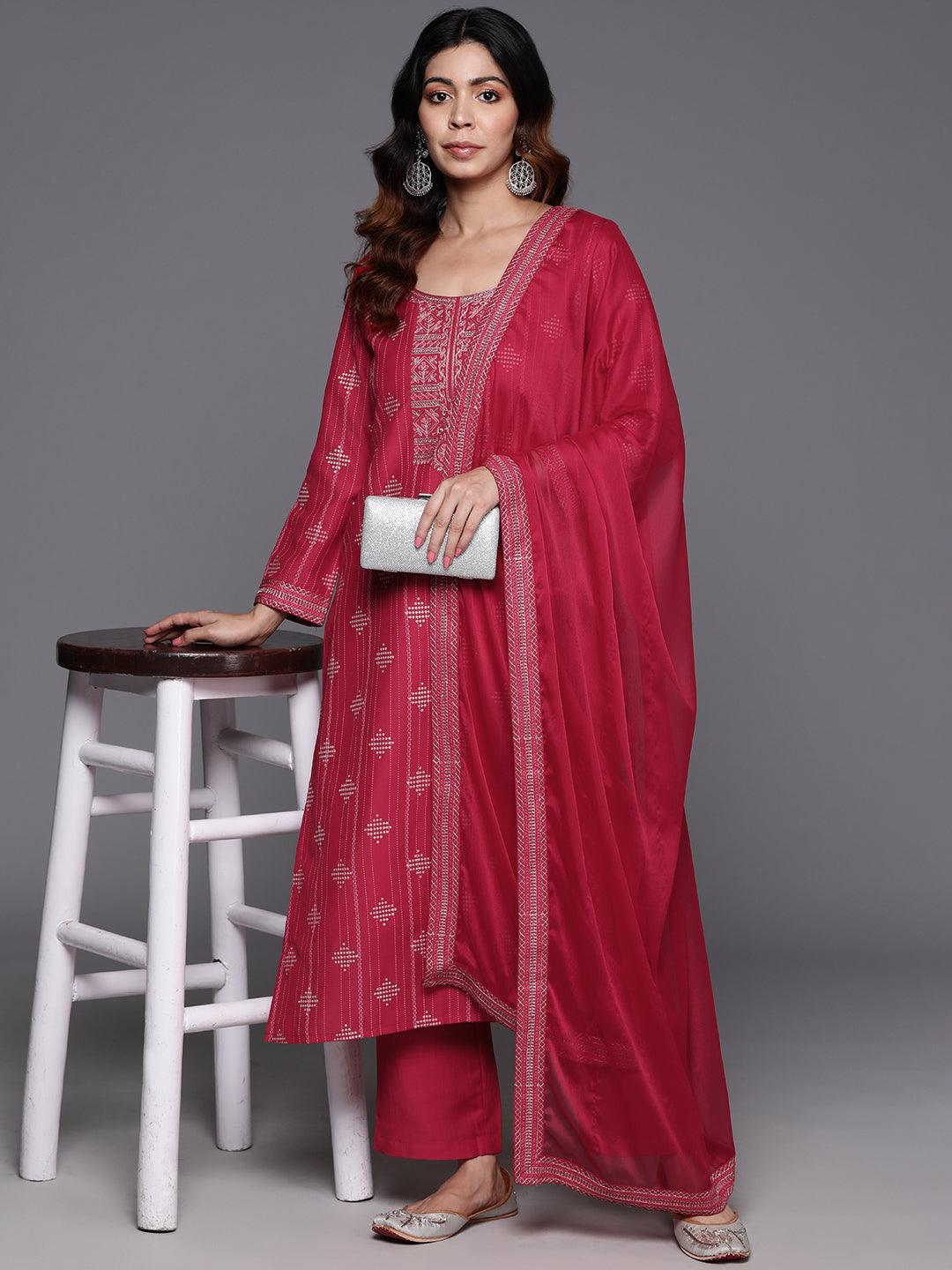 Pink Printed Silk Blend Straight Kurta With Trousers & Dupatta - ShopLibas 