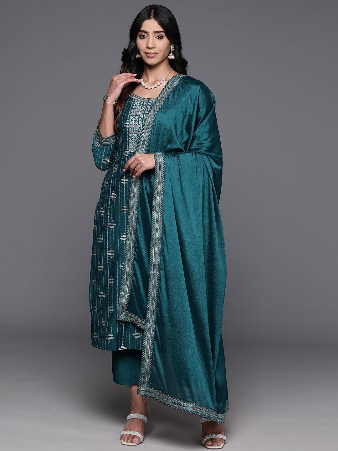 Teal Printed Silk Blend Straight Kurta With Trousers & Dupatta - ShopLibas 