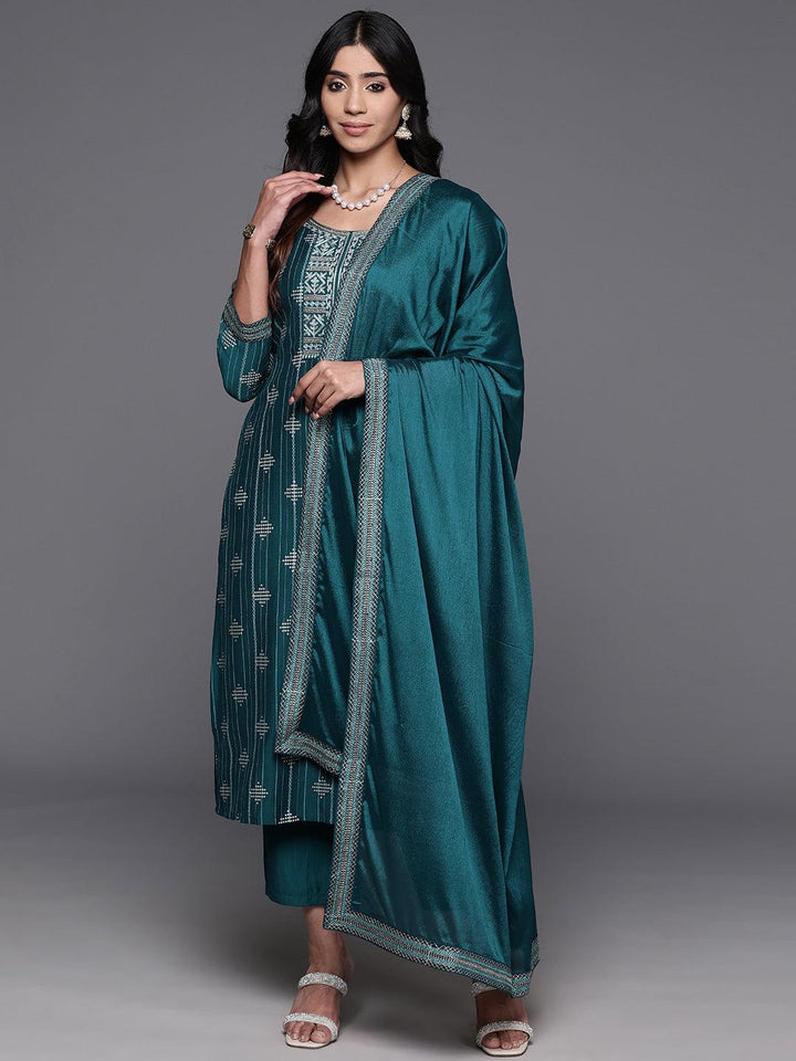 Teal Printed Silk Blend Straight Suit With Dupatta