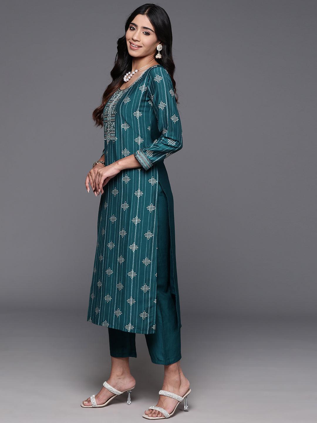 Teal Printed Silk Blend Straight Kurta With Trousers & Dupatta - ShopLibas 