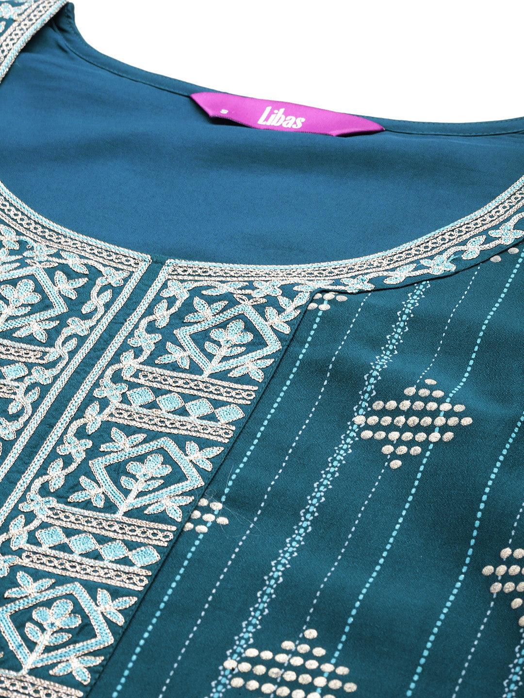 Teal Printed Silk Blend Straight Kurta With Trousers & Dupatta - ShopLibas 