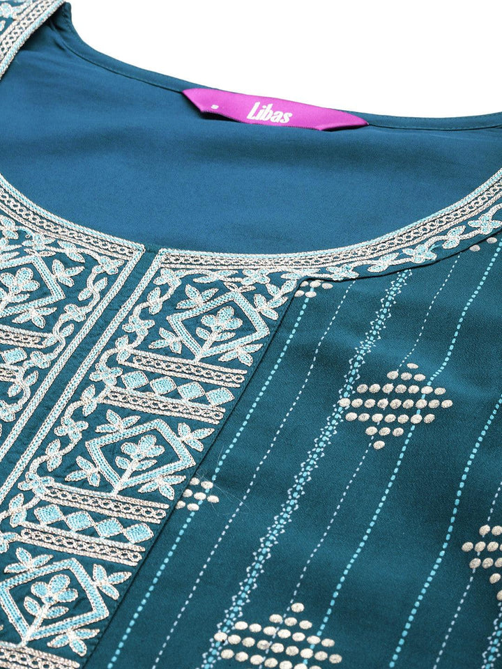 Teal Printed Silk Blend Straight Suit With Dupatta