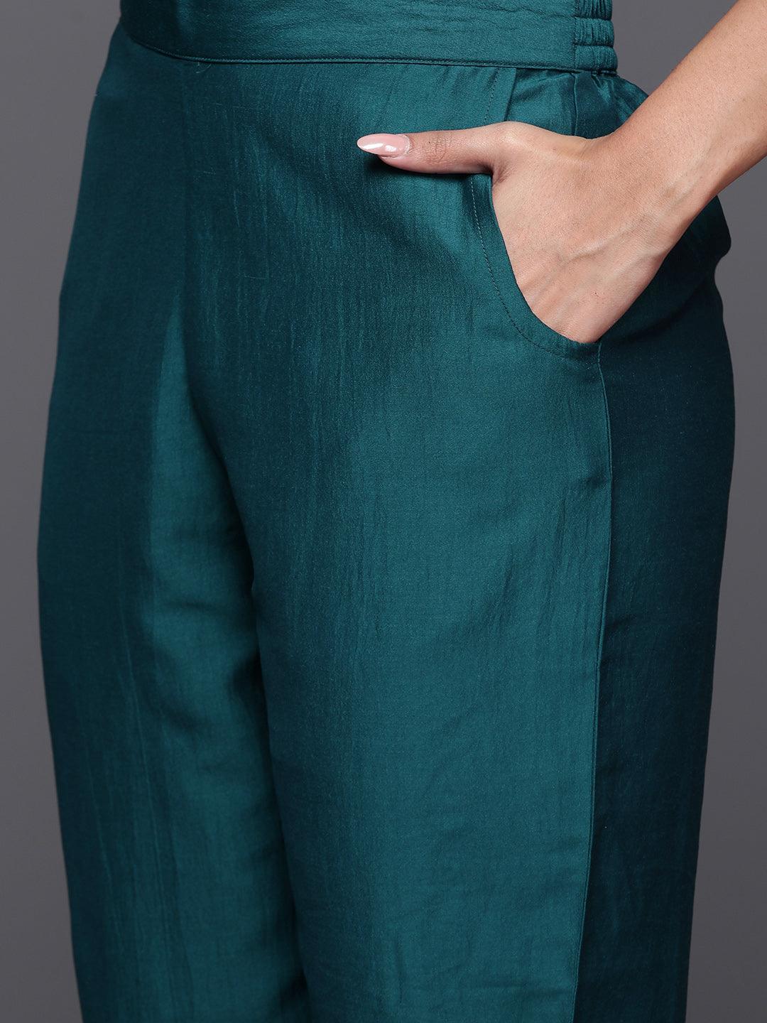 Teal Printed Silk Blend Straight Kurta With Trousers & Dupatta - ShopLibas 
