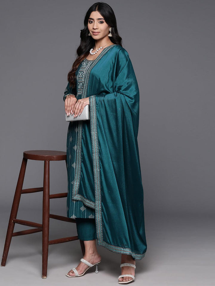 Teal Printed Silk Blend Straight Suit With Dupatta