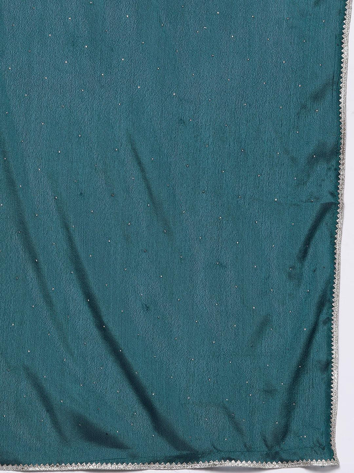 Teal Printed Silk Blend Straight Suit With Dupatta
