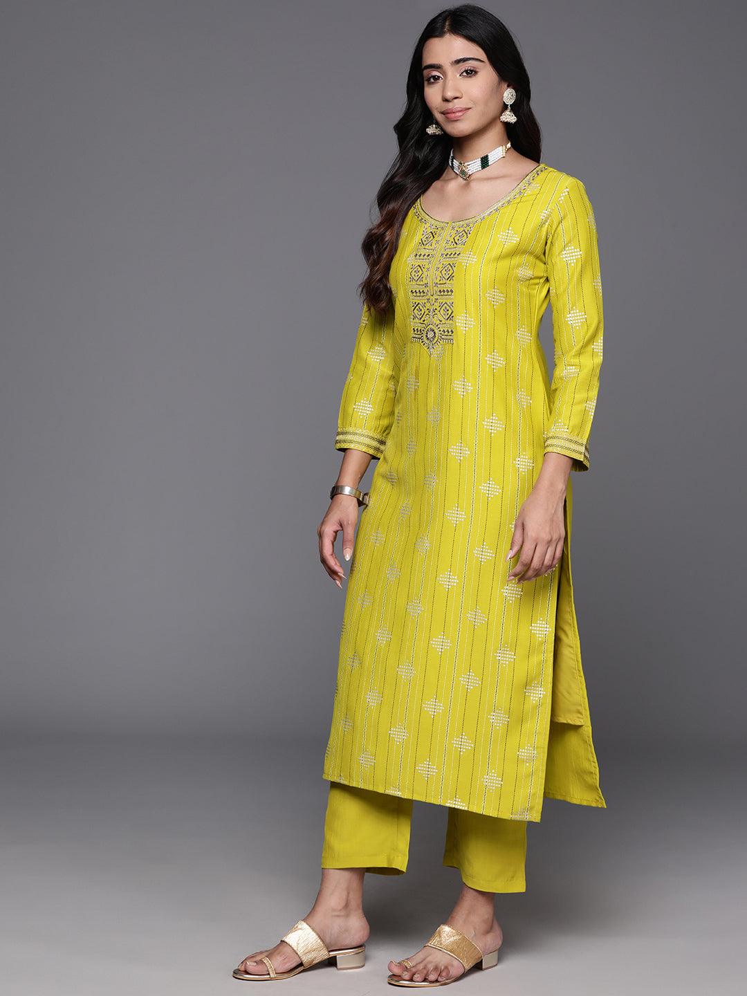 Mustard Printed Silk Blend Straight Kurta With Trousers & Dupatta - ShopLibas 