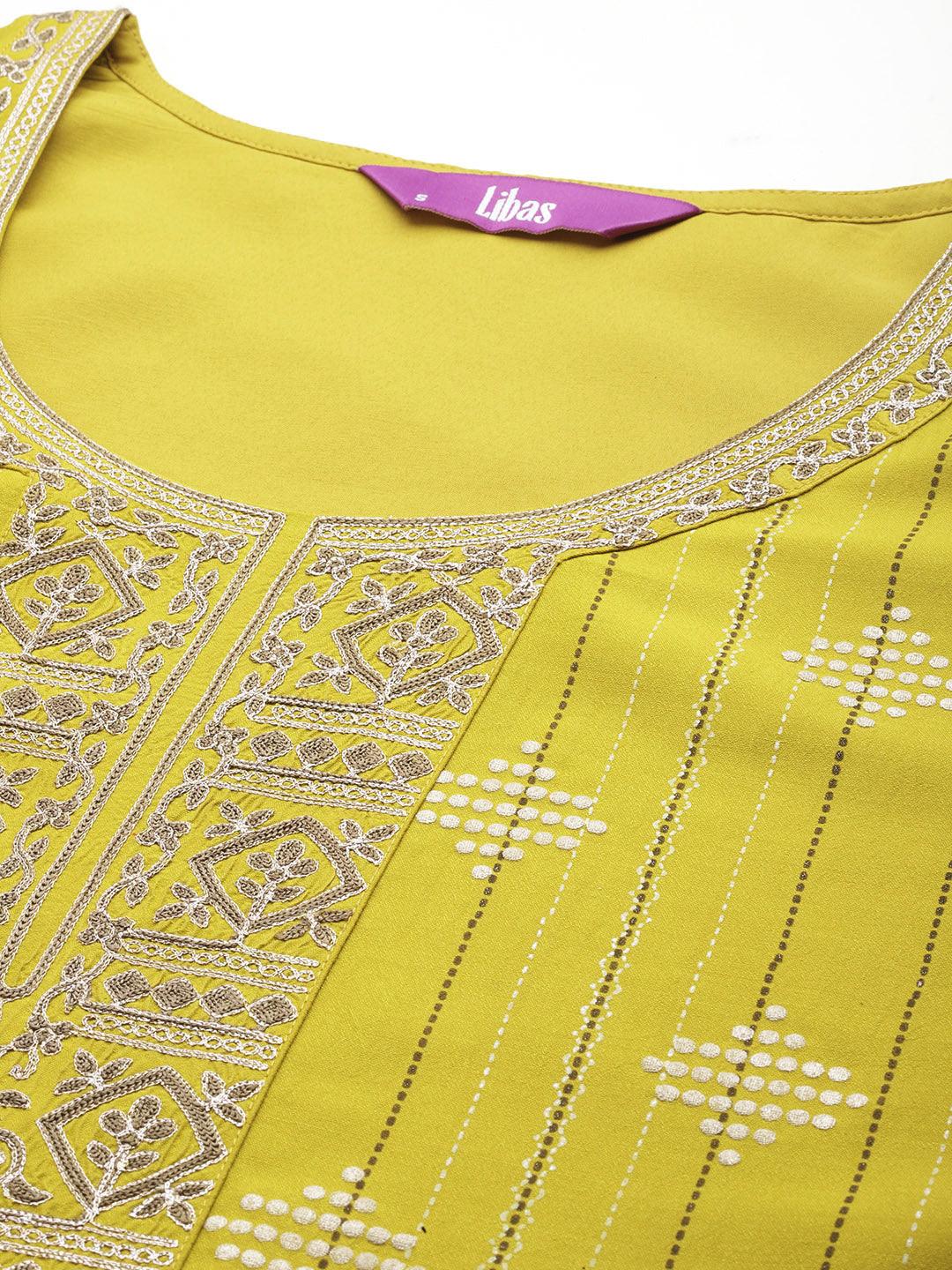 Mustard Printed Silk Blend Straight Kurta With Trousers & Dupatta - ShopLibas 