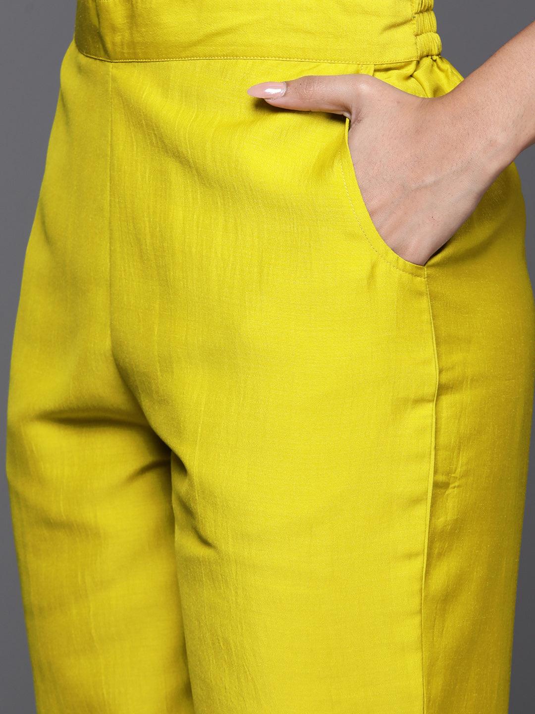 Mustard Printed Silk Blend Straight Kurta With Trousers & Dupatta - ShopLibas 