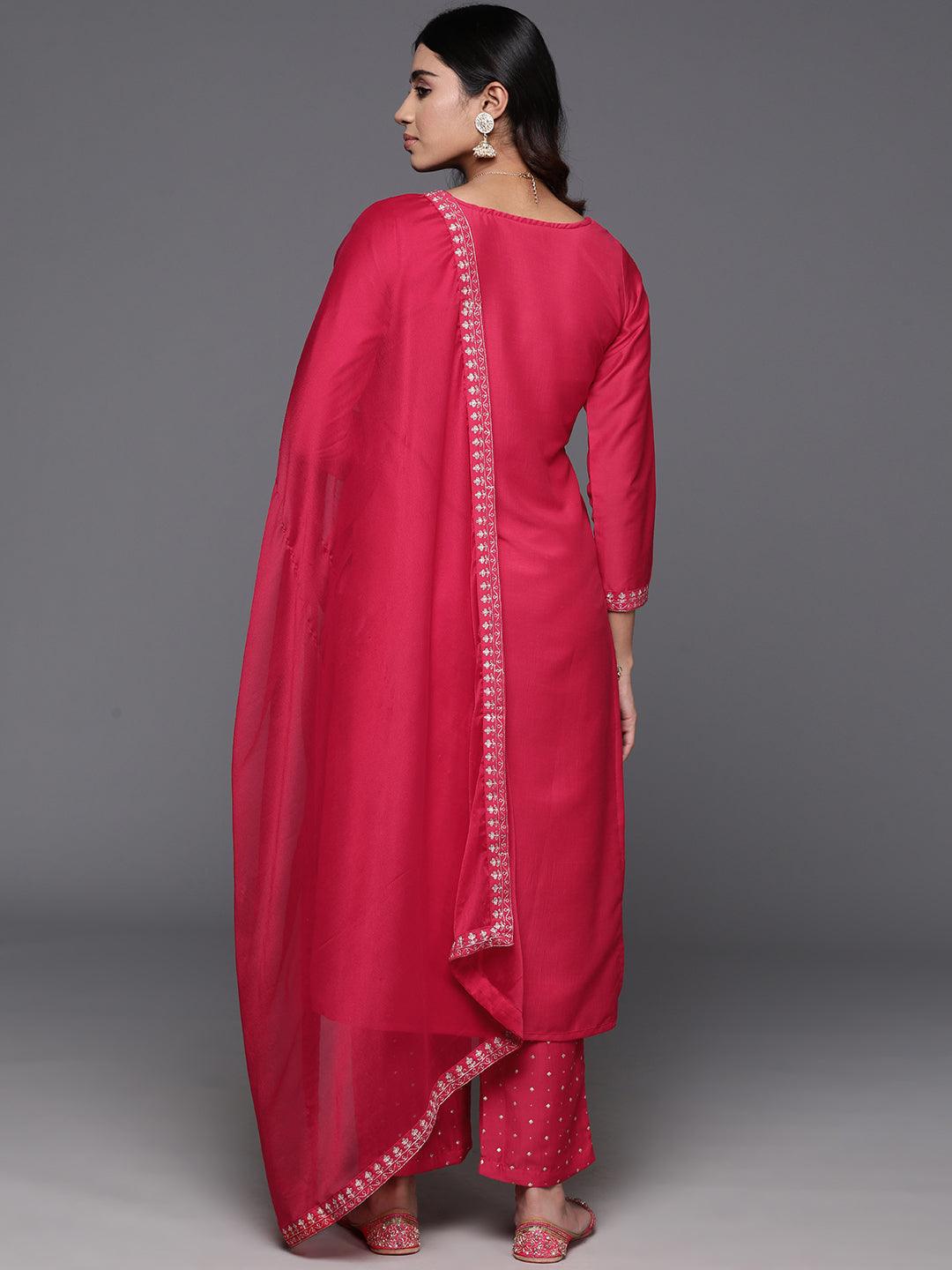 Pink Yoke Design Silk Blend Straight Kurta With Trousers & Dupatta - ShopLibas 