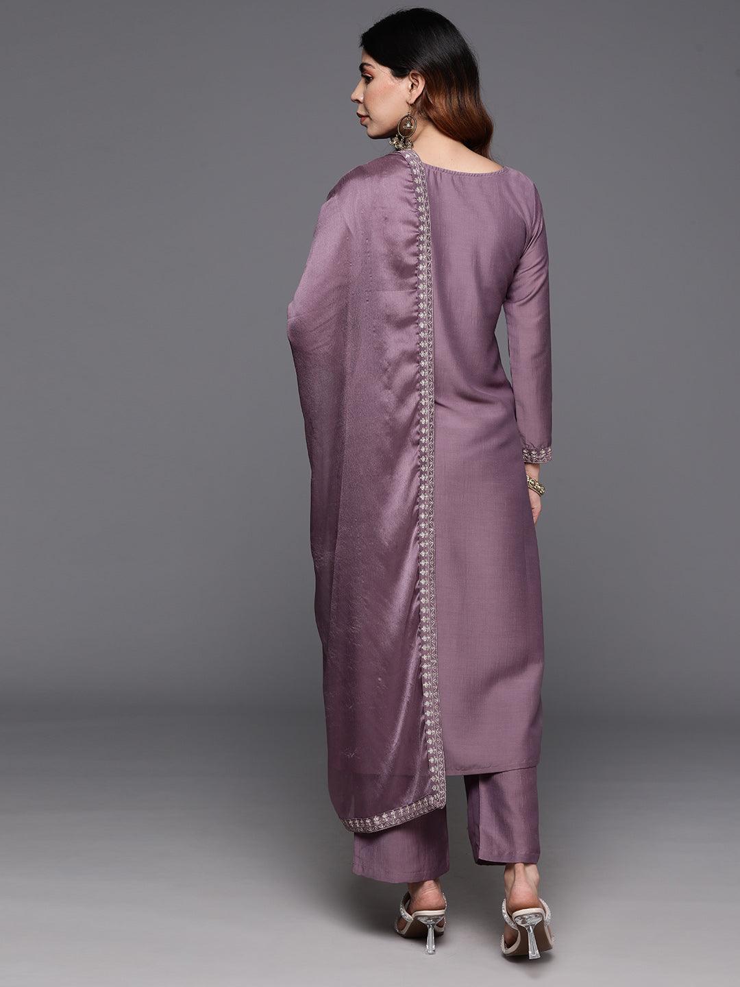 Mauve Yoke Design Silk Blend Straight Kurta With Trousers & Dupatta - ShopLibas 