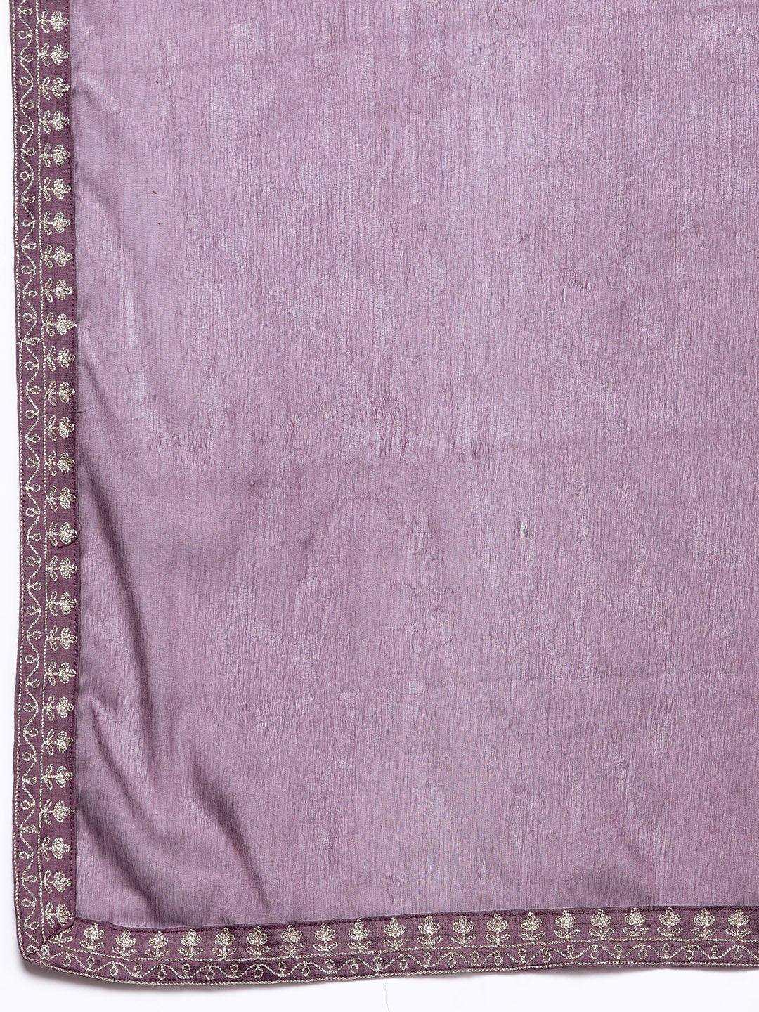 Mauve Yoke Design Silk Blend Straight Kurta With Trousers & Dupatta - ShopLibas 