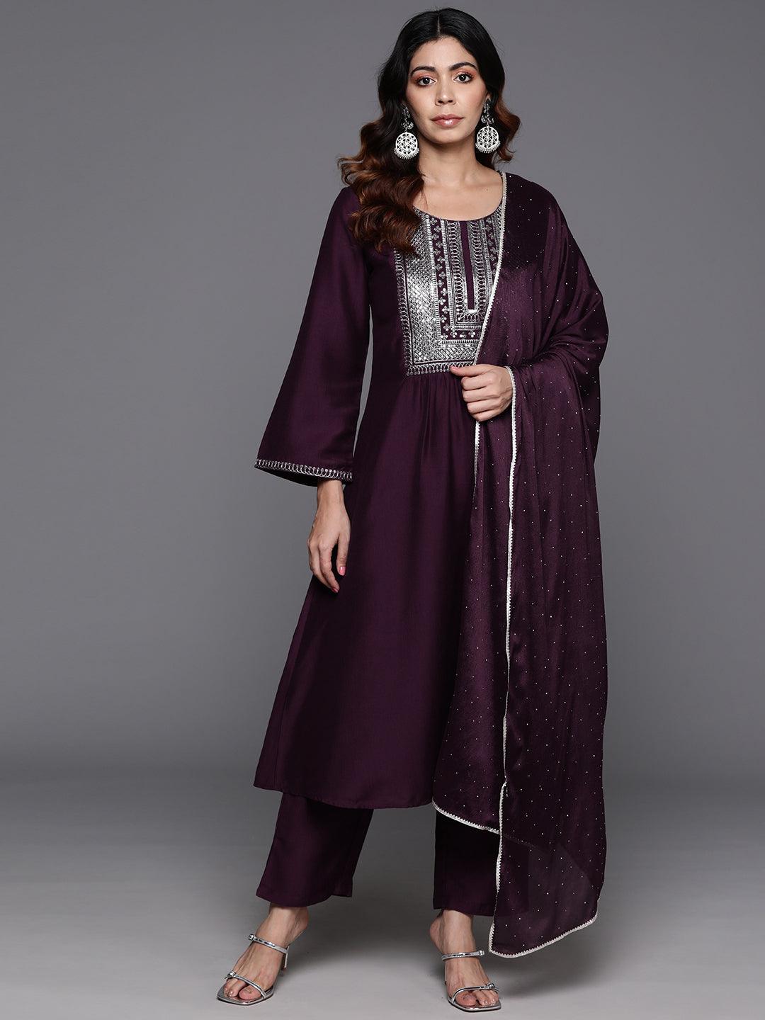 Wine Yoke Design Silk Blend A-Line Kurta With Trousers & Dupatta - ShopLibas 