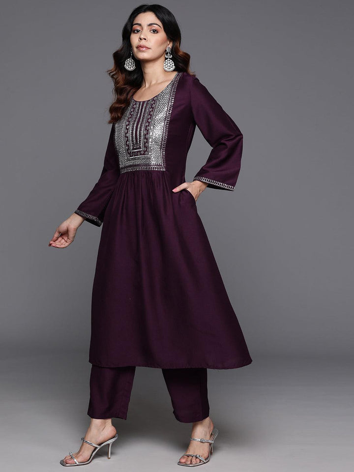 Wine Yoke Design Silk Blend A-Line Kurta With Trousers & Dupatta
