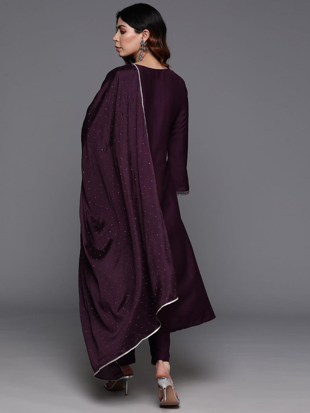 Wine Yoke Design Silk Blend A-Line Kurta With Trousers & Dupatta - ShopLibas 