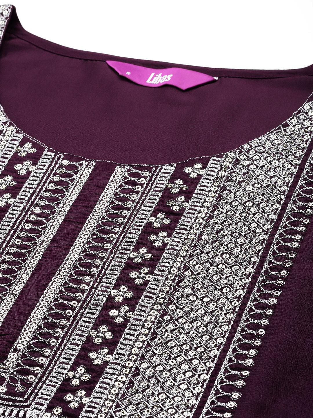 Wine Yoke Design Silk Blend A-Line Kurta With Trousers & Dupatta - ShopLibas 