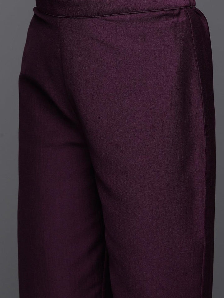 Wine Yoke Design Silk Blend A-Line Kurta With Trousers & Dupatta