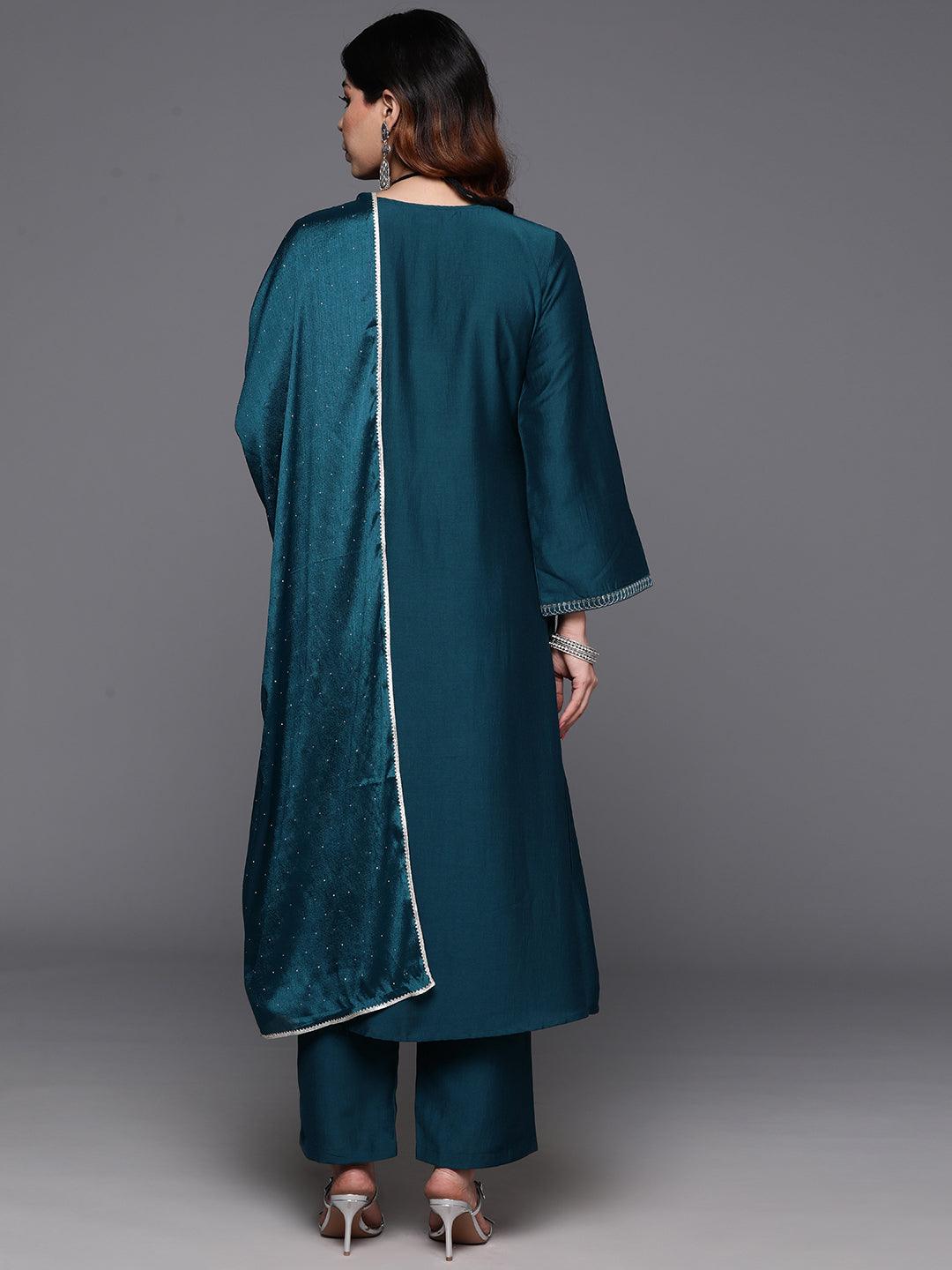 Teal Yoke Design Silk Blend A-Line Kurta With Trousers & Dupatta - ShopLibas 