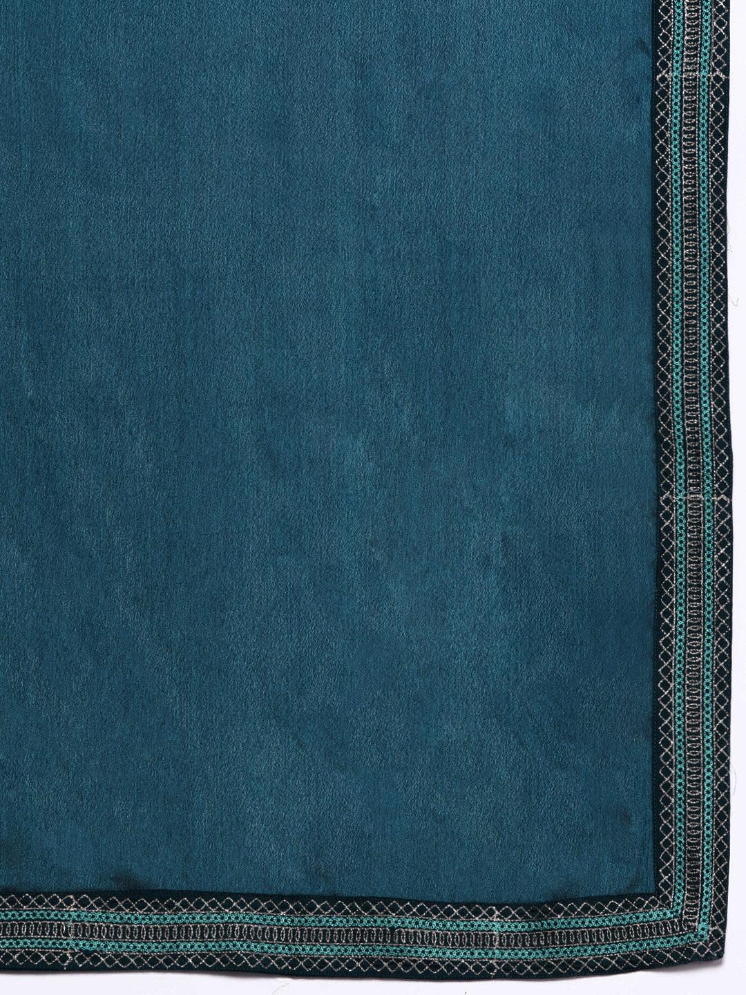 Teal Yoke Design Silk Blend A-Line Kurta With Trousers & Dupatta - ShopLibas 