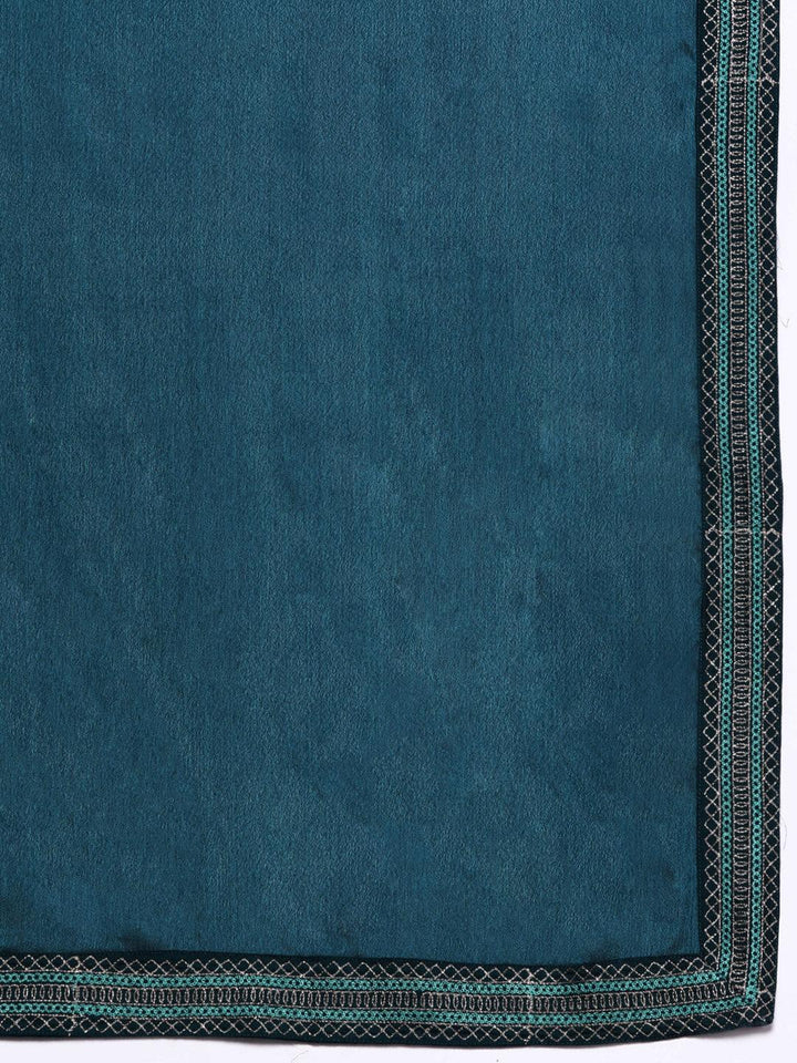 Teal Yoke Design Silk Blend A-Line Kurta With Trousers & Dupatta