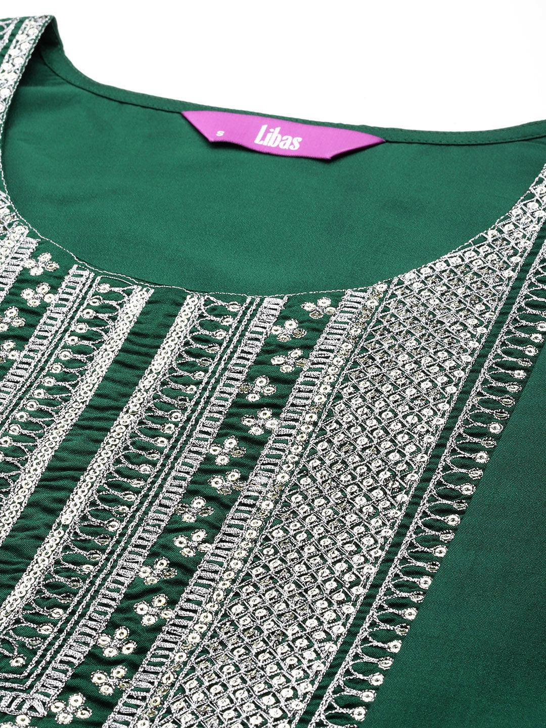 Green Yoke Design Silk Blend A-Line Kurta With Trousers & Dupatta - ShopLibas 
