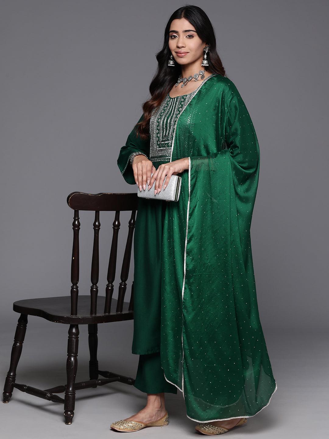 Green Yoke Design Silk Blend A-Line Kurta With Trousers & Dupatta - ShopLibas 