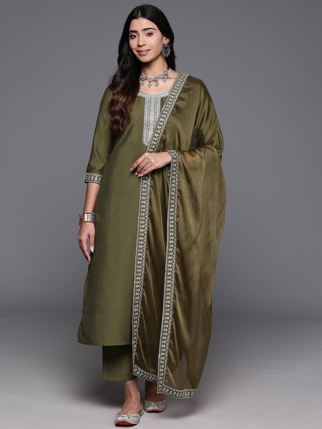 Olive Yoke Design Silk Blend Straight Kurta With Trousers & Dupatta - ShopLibas 