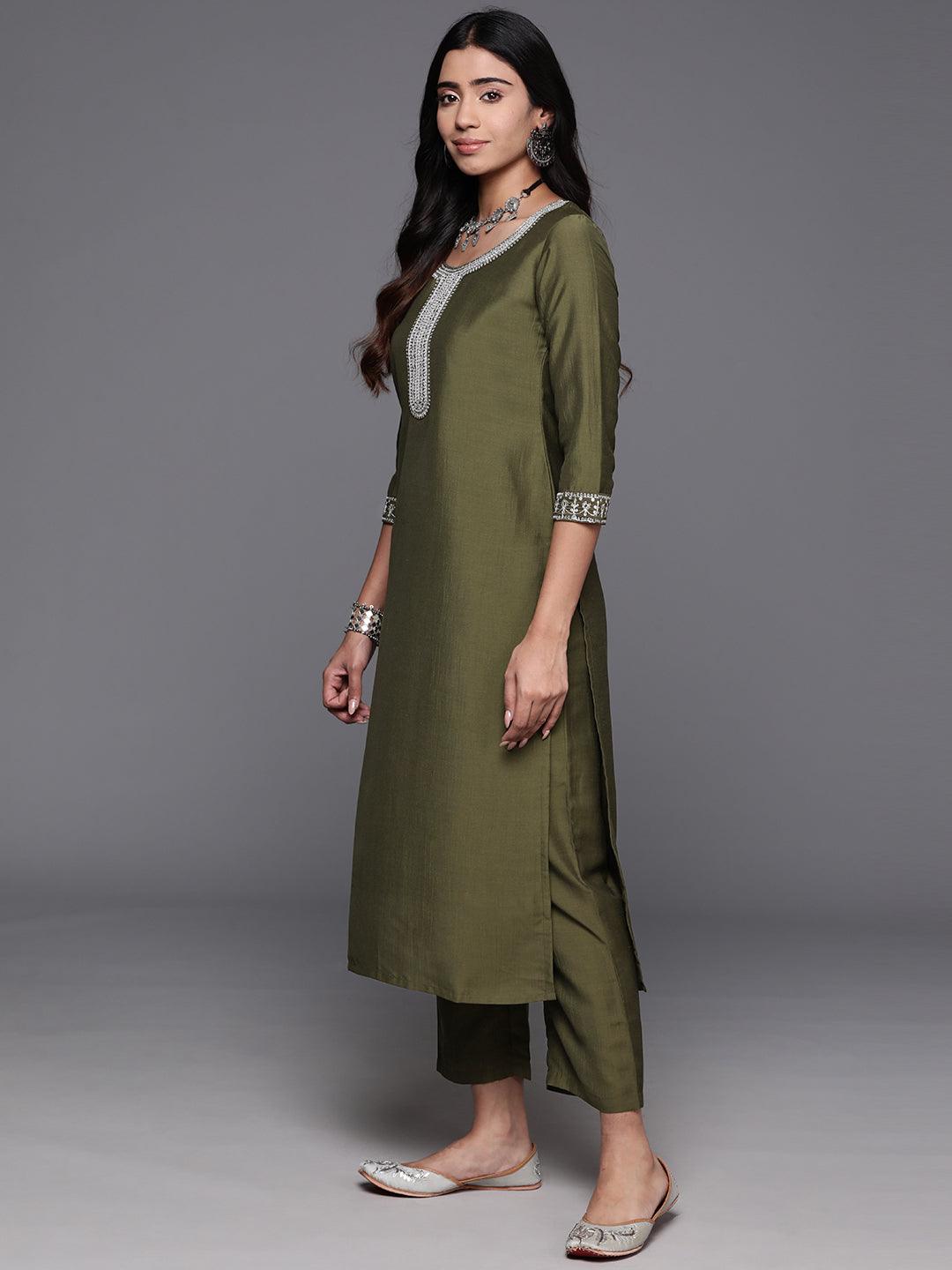 Olive Yoke Design Silk Blend Straight Kurta With Trousers & Dupatta - ShopLibas 