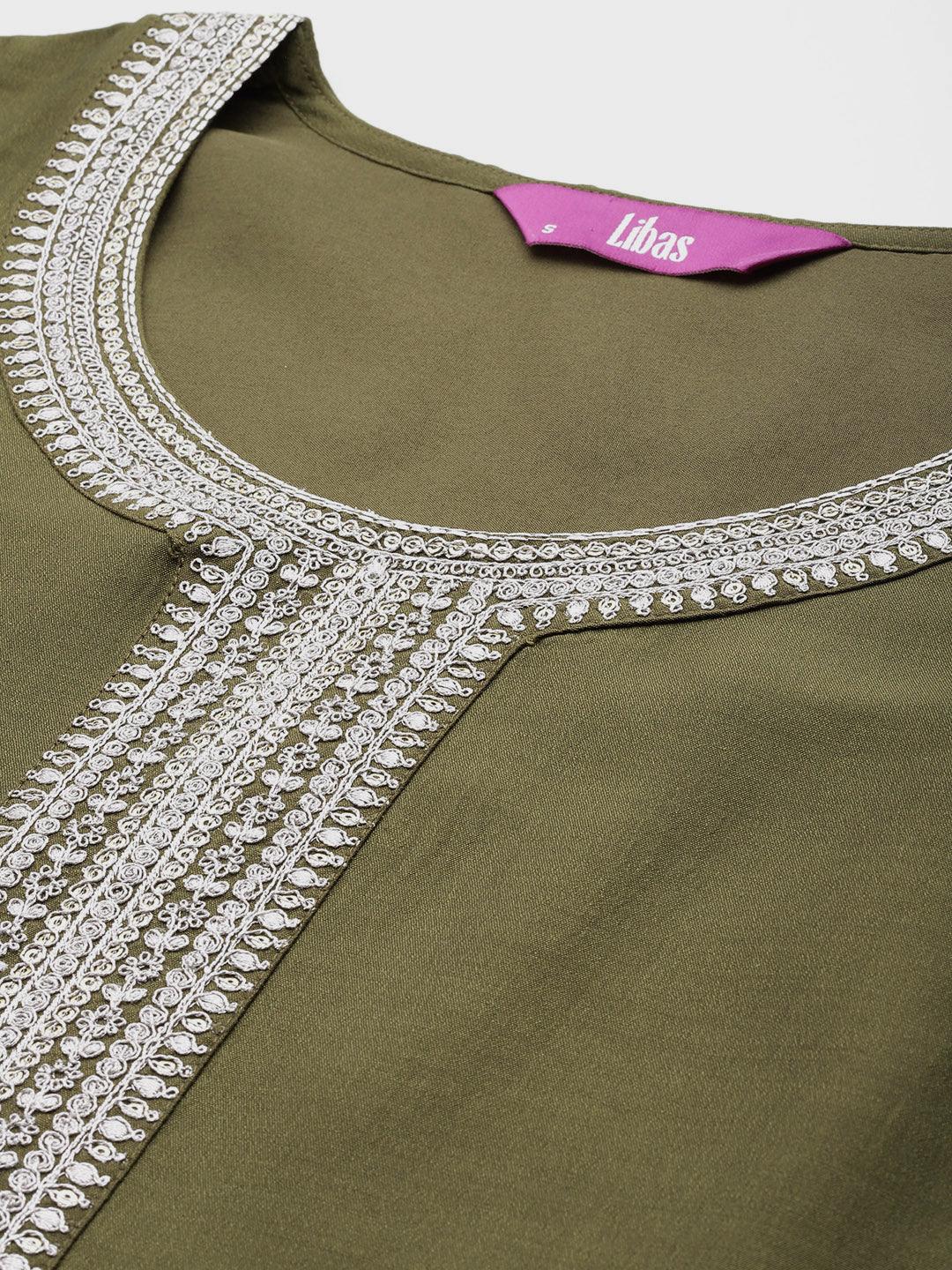 Olive Yoke Design Silk Blend Straight Kurta With Trousers & Dupatta - ShopLibas 
