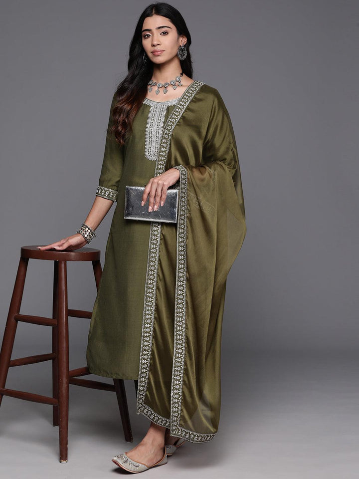Olive Yoke Design Silk Blend Straight Suit With Dupatta