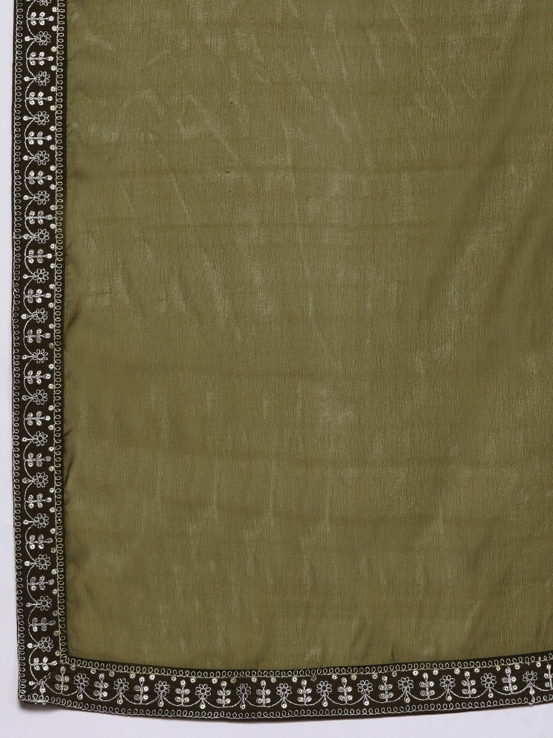 Olive Yoke Design Silk Blend Straight Kurta With Trousers & Dupatta - ShopLibas 