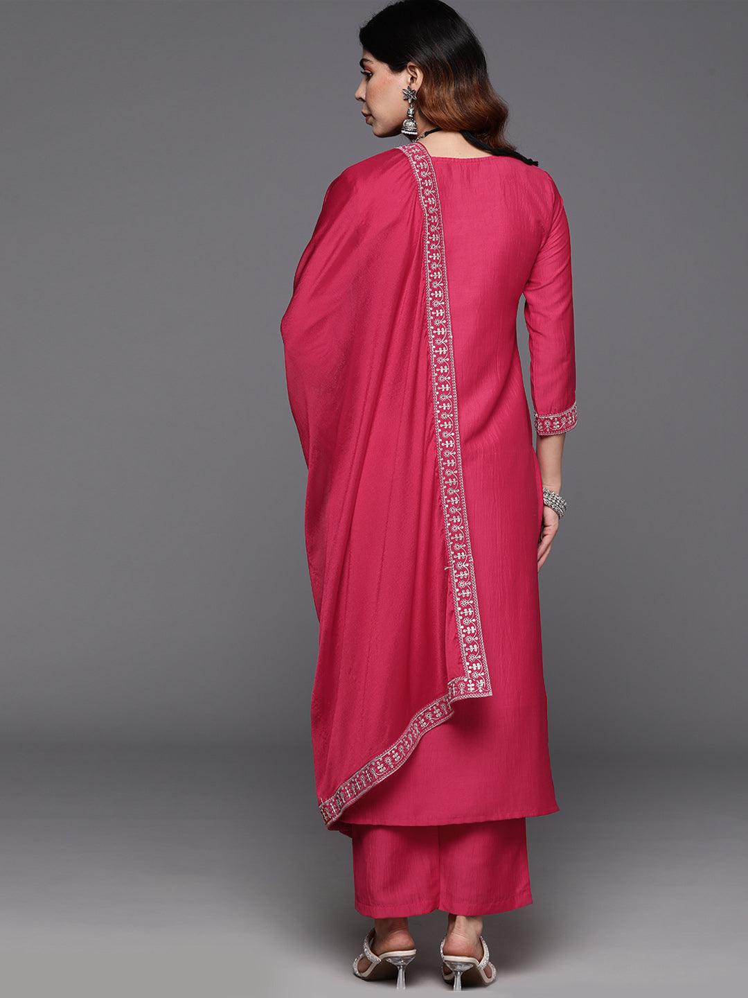 Pink Yoke Design Silk Blend Straight Kurta With Trousers & Dupatta - ShopLibas 