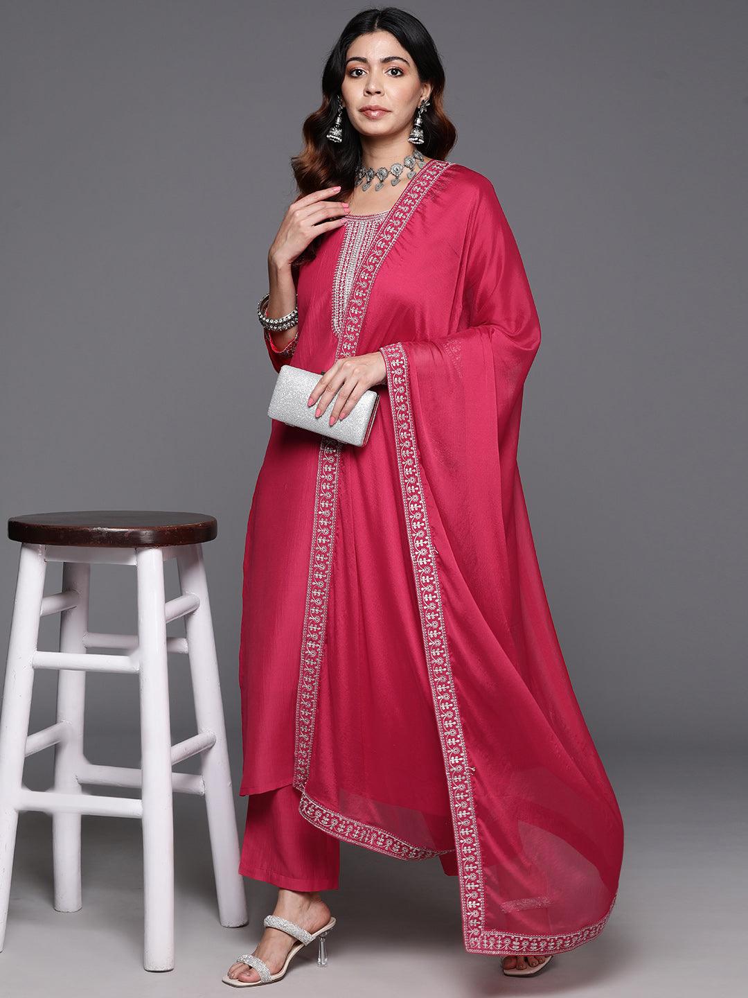 Pink Yoke Design Silk Blend Straight Kurta With Trousers & Dupatta - ShopLibas 