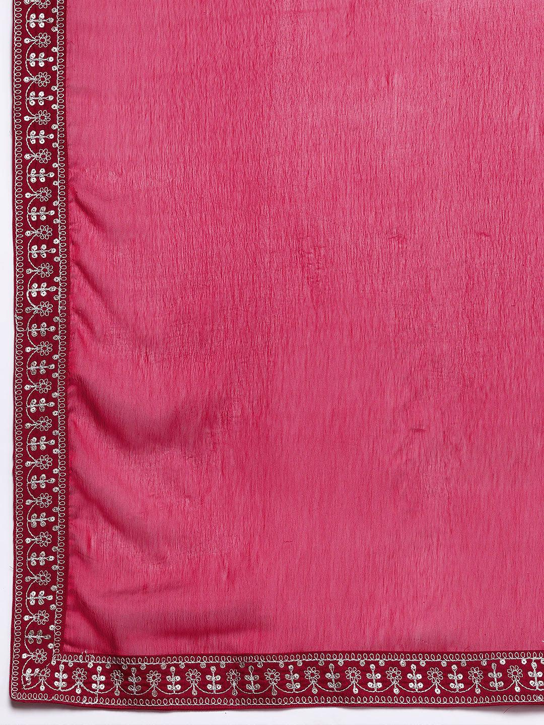 Pink Yoke Design Silk Blend Straight Kurta With Trousers & Dupatta - ShopLibas 
