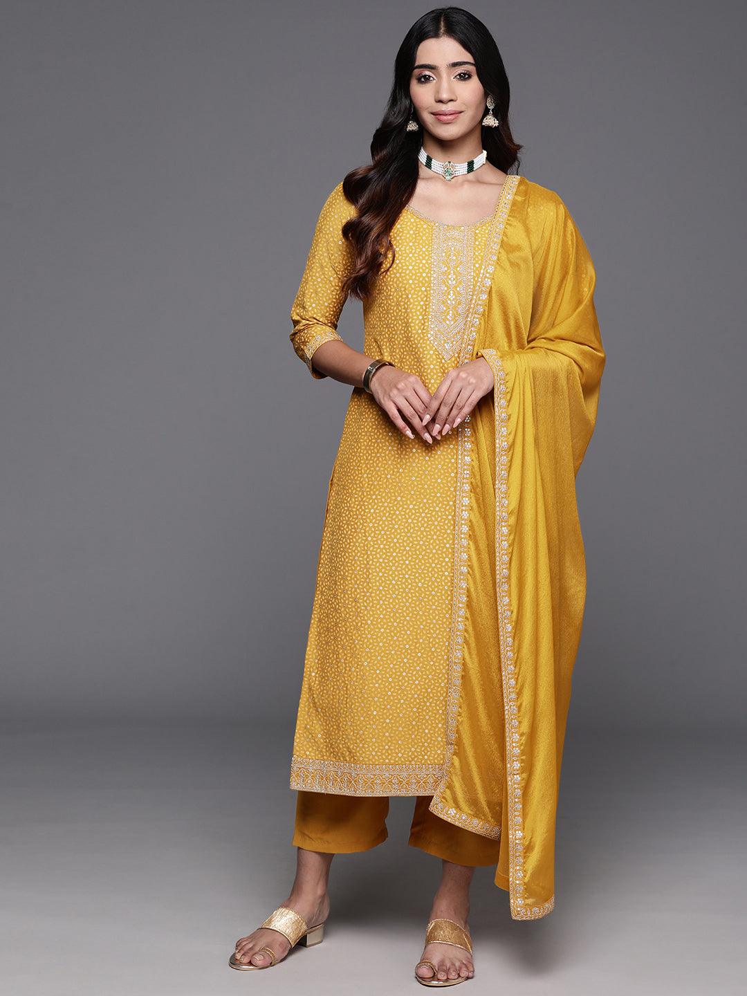 Mustard Yoke Design Silk Blend Straight Kurta With Trousers & Dupatta - ShopLibas 