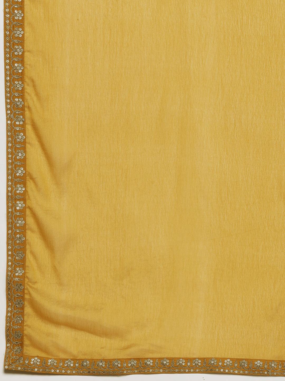 Mustard Yoke Design Silk Blend Straight Kurta With Trousers & Dupatta - ShopLibas 