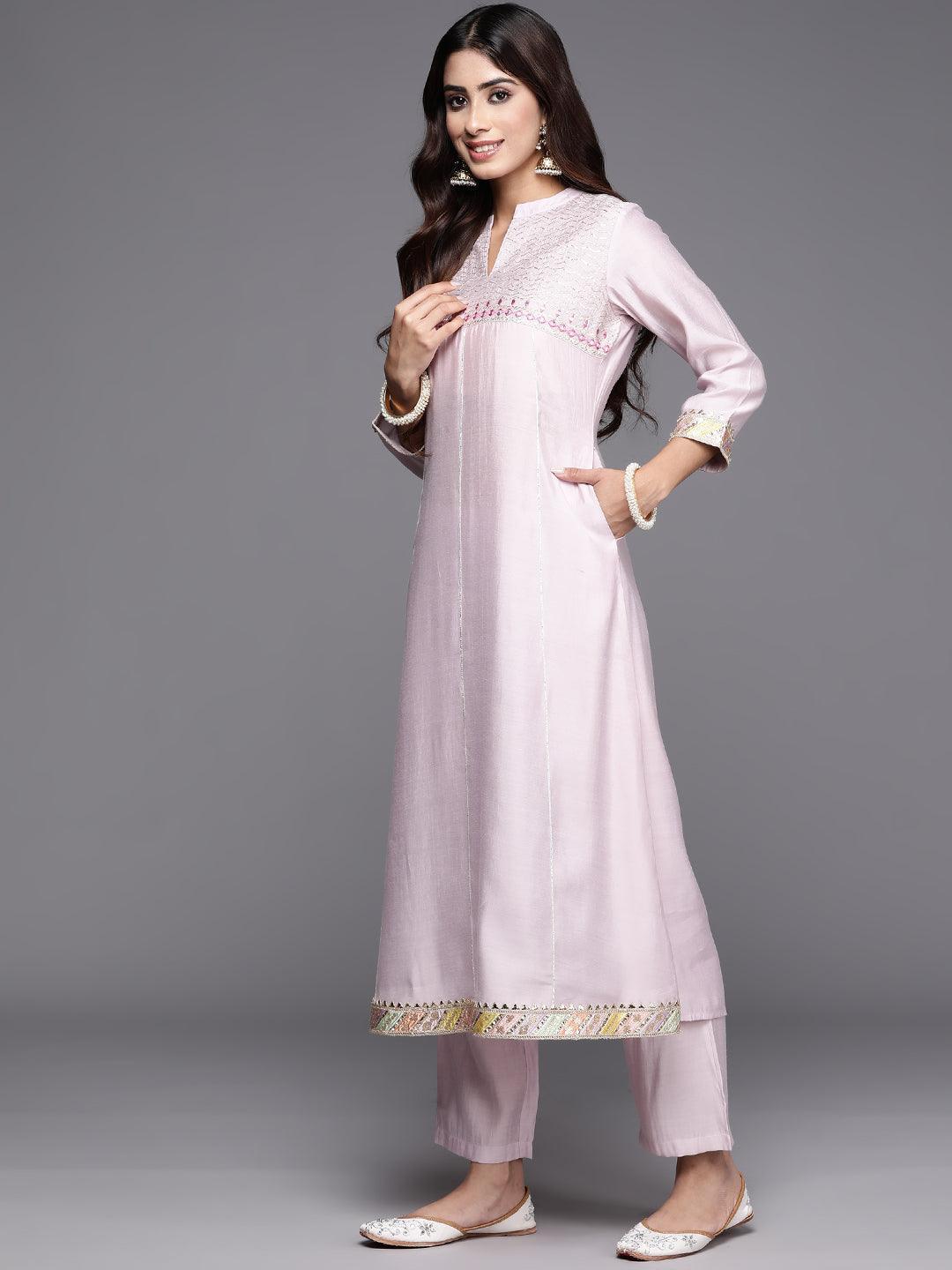 Pink Yoke Design Silk Blend A-Line Kurta With Trousers & Dupatta - ShopLibas 