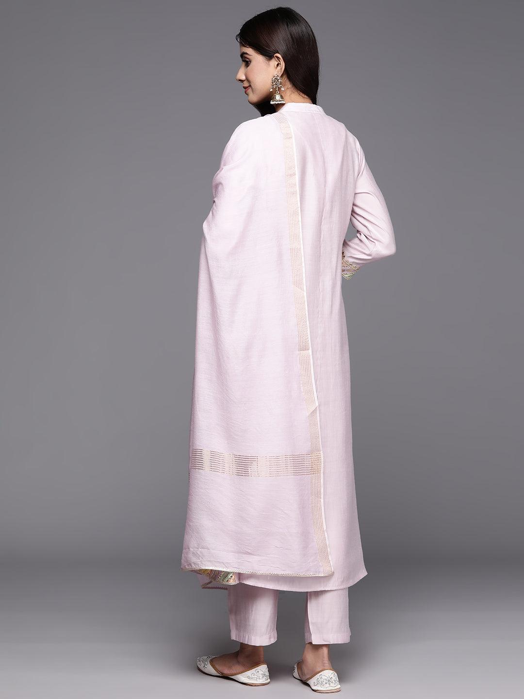 Pink Yoke Design Silk Blend A-Line Kurta With Trousers & Dupatta - ShopLibas 