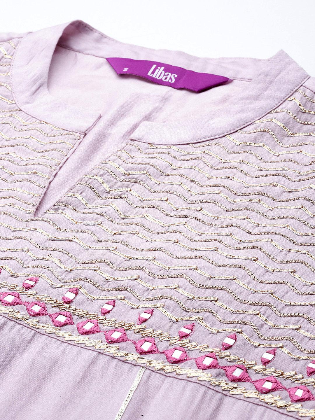Pink Yoke Design Silk Blend A-Line Kurta With Trousers & Dupatta - ShopLibas 