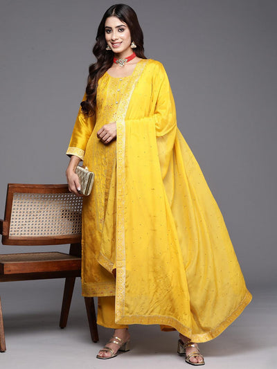 Yellow Woven Design Silk Blend Straight Kurta With Palazzos & Dupatta - ShopLibas