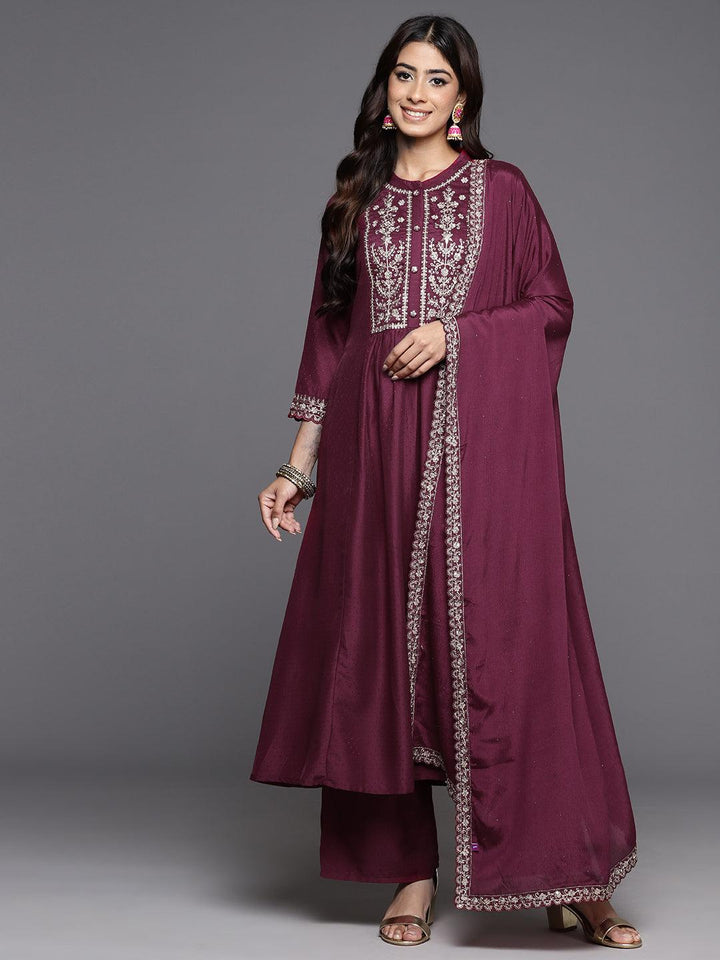 Wine Yoke Design Silk Blend Anarkali Kurta With Palazzos & Dupatta - ShopLibas