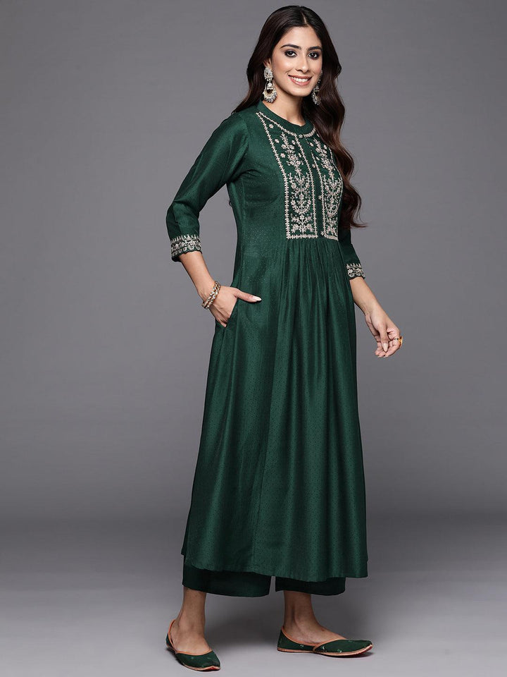 Green Yoke Design Silk Blend Anarkali Kurta With Palazzos & Dupatta - ShopLibas