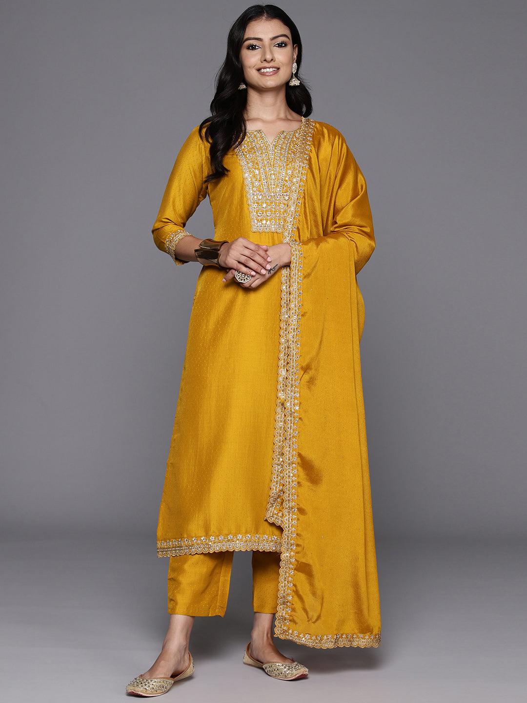 Mustard Yoke Design Silk Blend Straight Kurta With Palazzos & Dupatta - ShopLibas 
