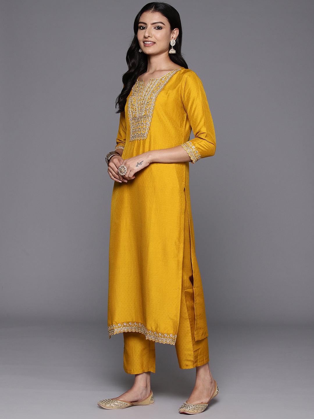 Mustard Yoke Design Silk Blend Straight Kurta With Palazzos & Dupatta - ShopLibas 