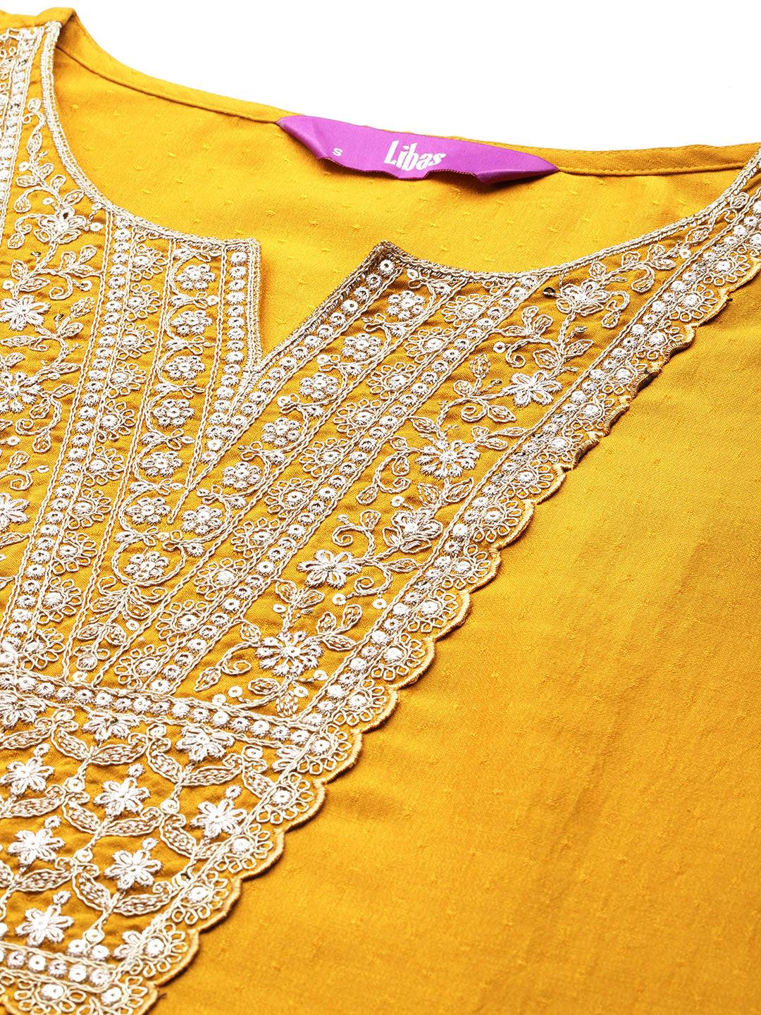 Mustard Yoke Design Silk Blend Straight Kurta With Palazzos & Dupatta - ShopLibas 