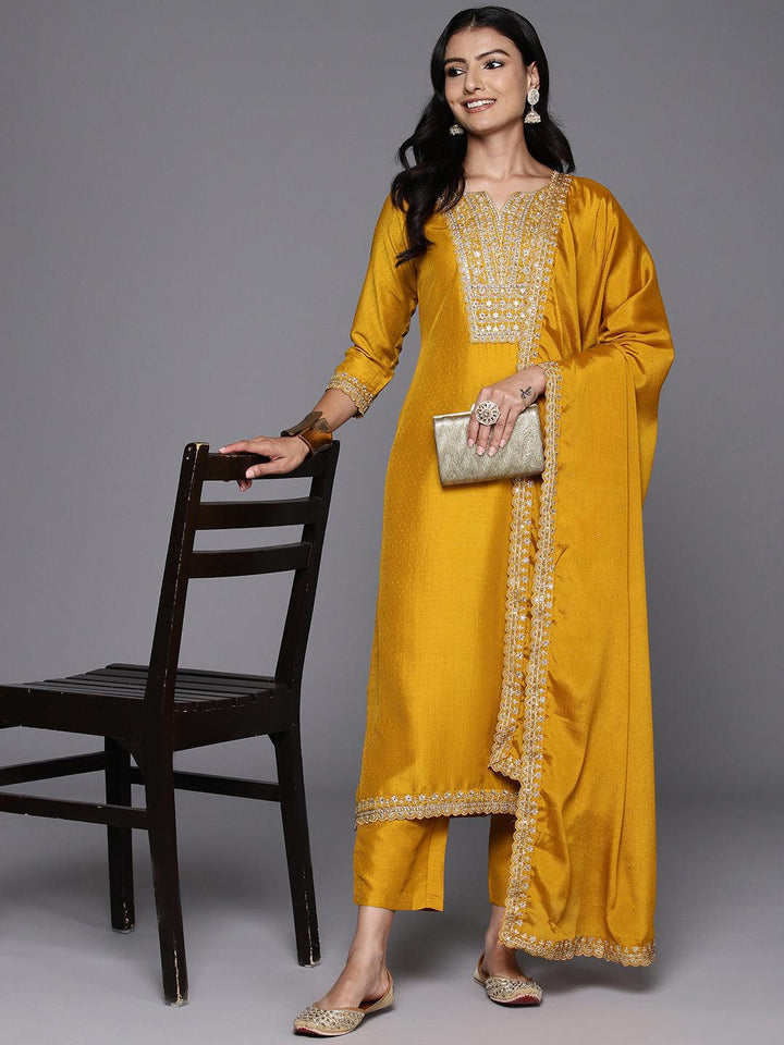 Mustard Yoke Design Silk Blend Straight Suit With Dupatta