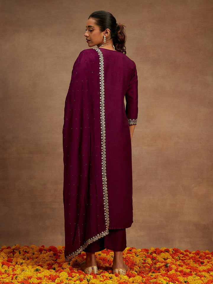 Purple Yoke Design Silk Blend Straight Suit With Dupatta